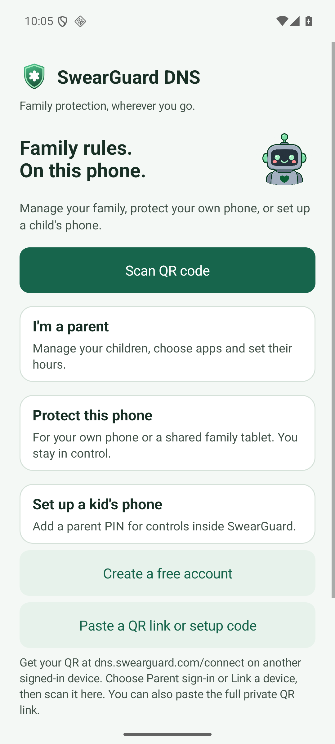 SwearGuard DNS Android app with Parent, own phone and child phone choices
