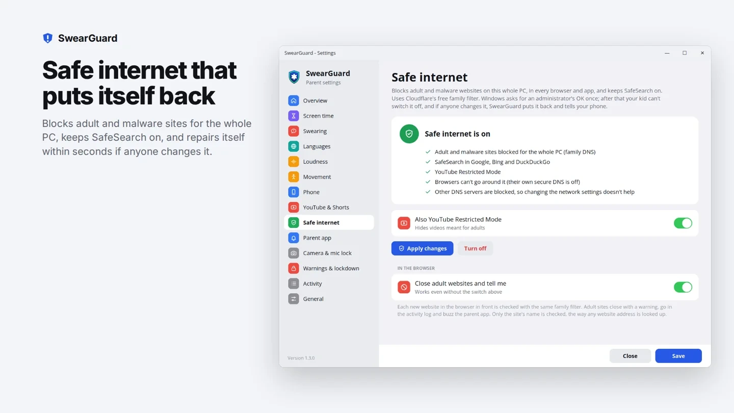 The safe internet page with the family filter, SafeSearch and YouTube Restricted Mode switched on