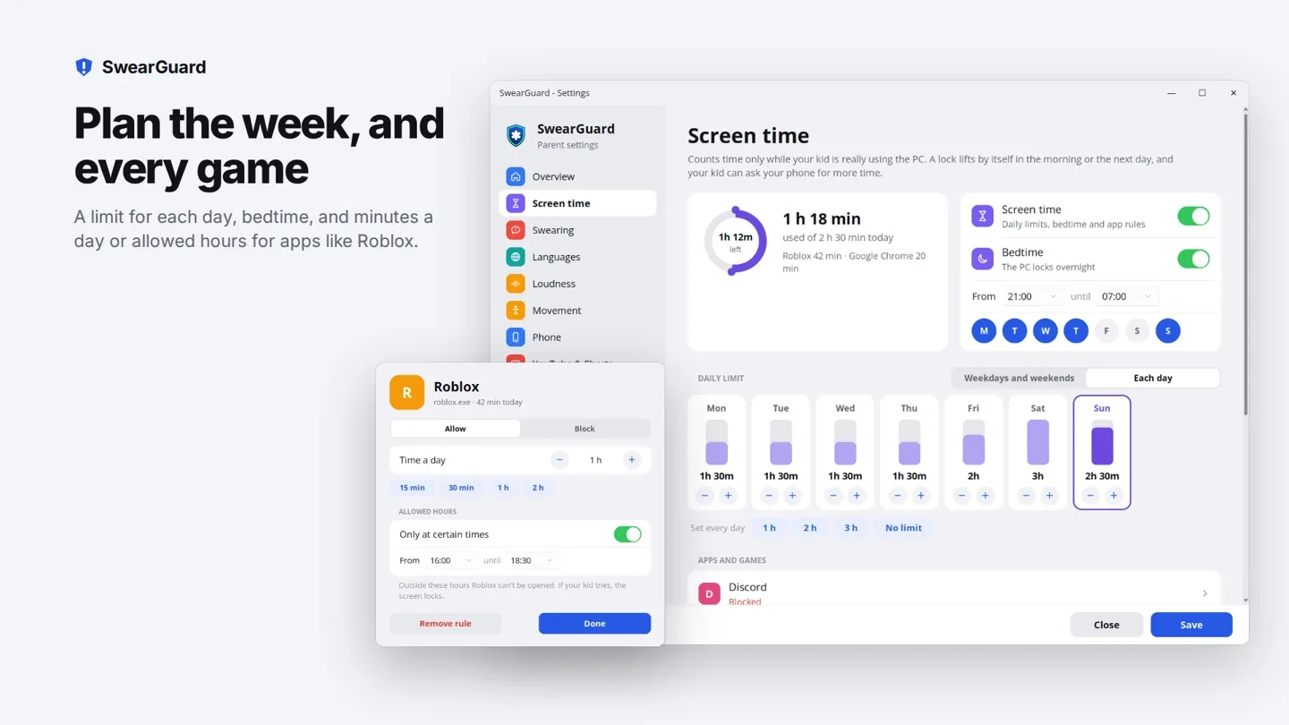 The screen time page: a week planner with a limit for each day, bedtime, and a Roblox rule of one hour a day between 16:00 and 18:30