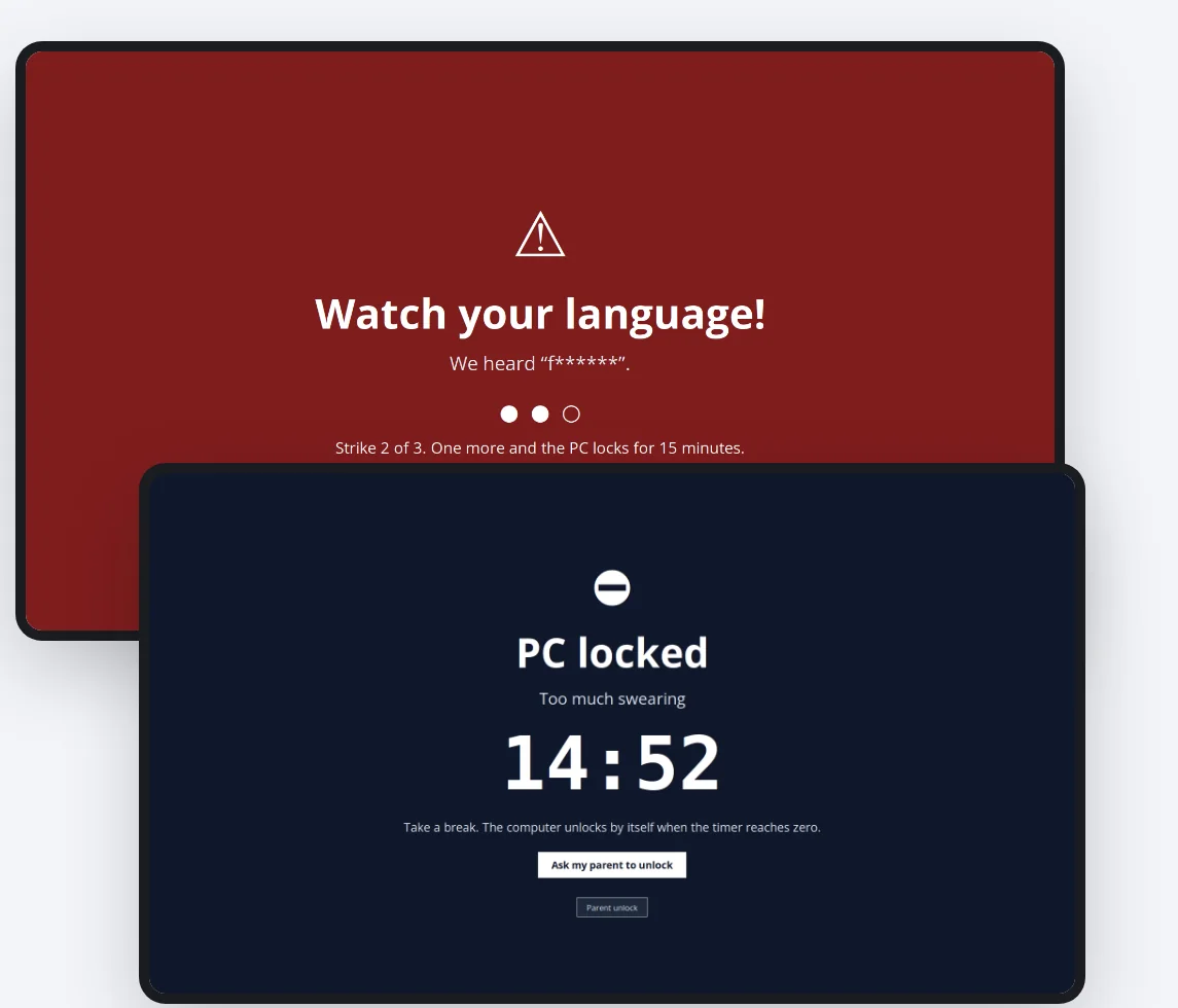 A full-screen warning that says Watch your language with two of three strikes used, and the PC locked screen with a countdown