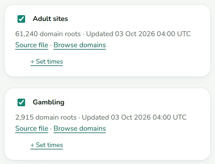 The Adult sites and Gambling categories ticked in the website categories settings