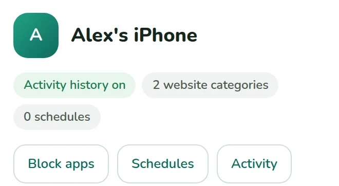 A device card for Alex's iPhone with its own categories, schedules and activity